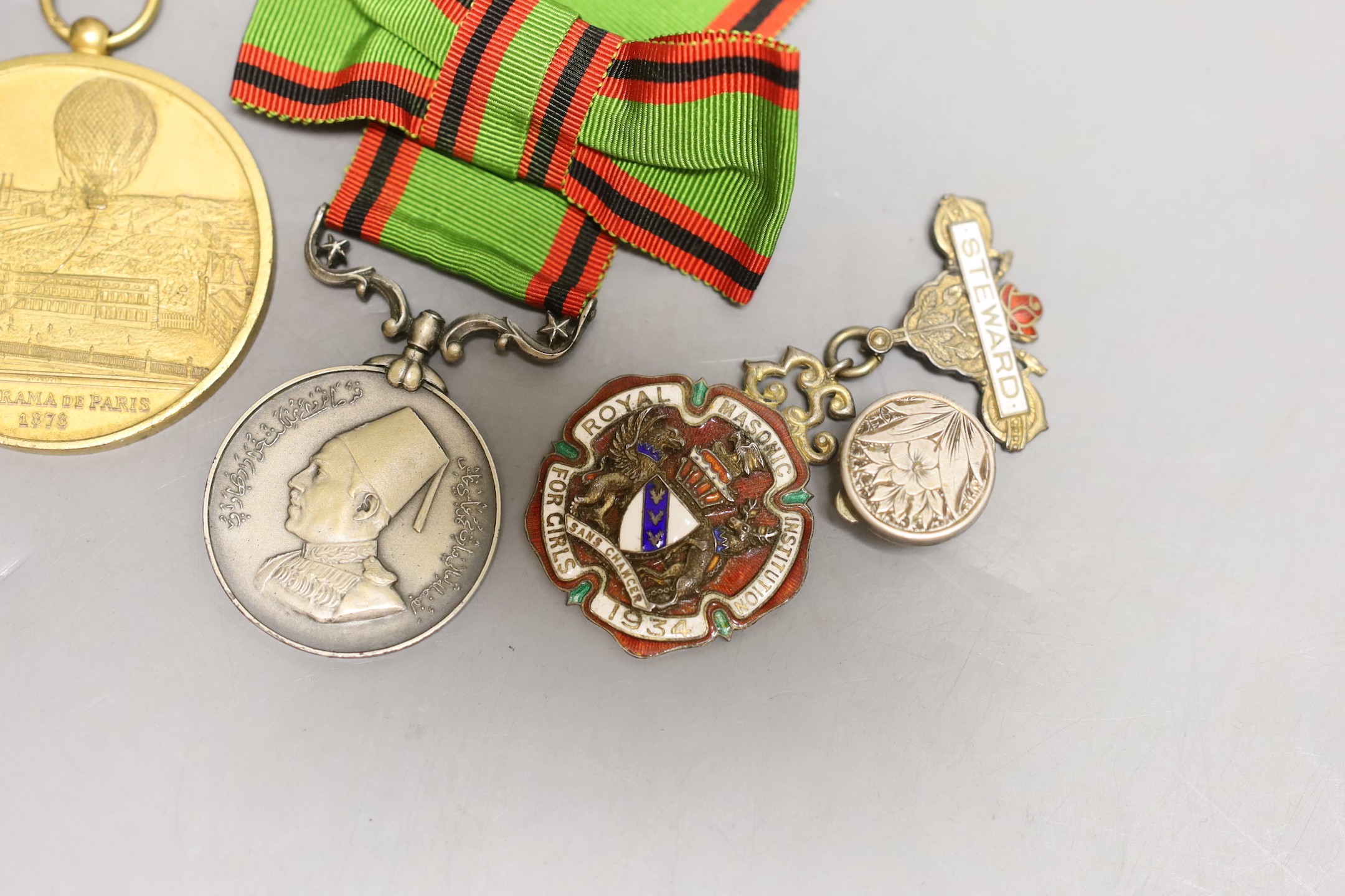 Five military badges and medals and buttons